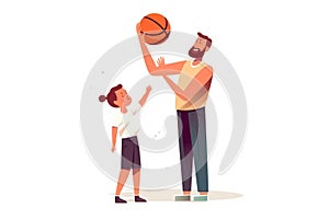 Smiling loving father play basketball with son. Happy dad hold boy child in hands help throw ball in basket. Family game leisure