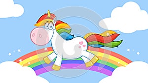 Smiling Magic Unicorn Cartoon Mascot Character Running Around Rainbow With Clouds