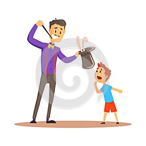 Smiling magician pulling out a rabbit from his top hat before happy boy, circus or street actor colorful cartoon