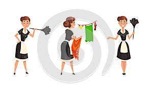 Smiling Maid or Housemaid in Black Dress and White Apron Dusting and Hanging Laundry on Rope Vector Set