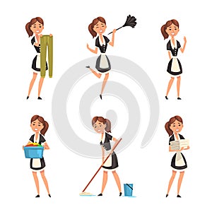 Smiling Maid or Housemaid in Black Dress and White Apron Dusting, Mopping the Floor and Doing Laundry Vector Set