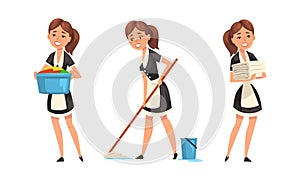 Smiling Maid or Housemaid in Black Dress and White Apron Mopping Floor and Doing Laundry Vector Set