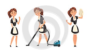 Smiling Maid or Housemaid in Black Dress and White Apron Vacuum Cleaning and Swiping Vector Set