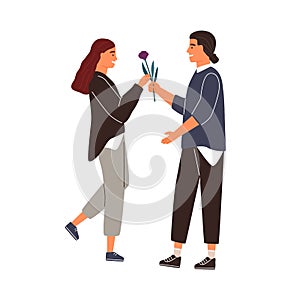 Smiling male adorer giving flower to cute girlfriend vector flat illustration. Happy woman taking gift from man isolated