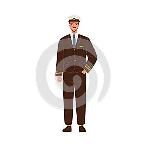 Smiling male aircraft pilot in modern uniform and cap vector flat illustration. Happy man aircrew captain or aviator