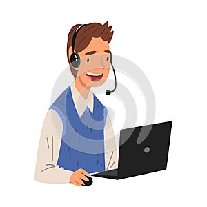 Smiling Male Call Center Operator, Online Customer Support Service Assistant with Headset Consulting Client, Help Desk