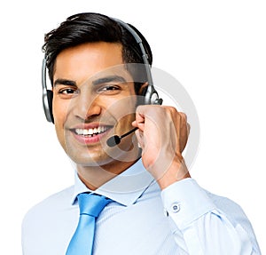 Smiling Male Call Center Representative Wearing Headset