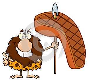 Smiling Male Caveman Cartoon Mascot Character Holding A Spear With Big Grilled Steak