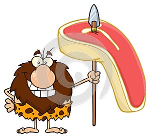 Smiling Male Caveman Cartoon Mascot Character Holding A Spear With Big Raw Steak