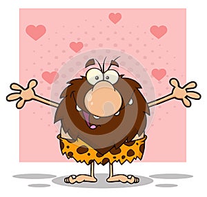 Smiling Male Caveman Cartoon Mascot Character With Open Arms