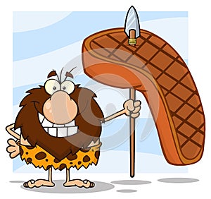 Smiling Male Caveman Hunter Cartoon Mascot Character Holding A Spear With Big Grilled Steak