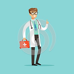 Smiling male doctor character standing and holding first aid box vector Illustration