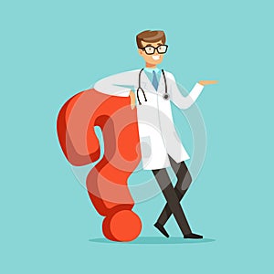 Smiling male doctor character standing and leaning against the big question mark character vector Illustration