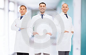 Smiling male doctors in white coats