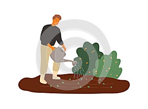 Smiling male farmer watering seedbed vector flat illustration. Joyful man agricultural worker making gardening job