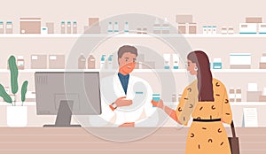 Smiling male pharmacist consulting female customer standing at counter in pharmacy vector flat illustration. Friendly