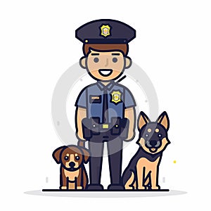 Smiling male police officer uniform badge standing two friendly police dogs cartoon style isolated photo