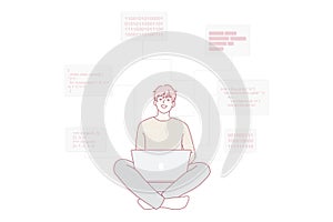 Smiling software engineer writing codes on computer