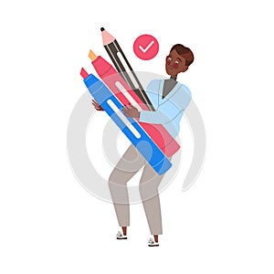 Smiling Male Student Character Carrying Huge Highlighter Learning Vector Illustration