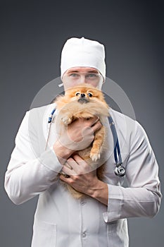 Smiling male vet with phonendoscope holding cute pomeranian dog