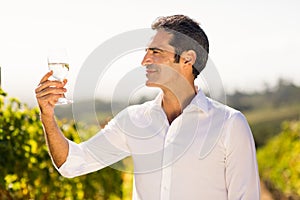 Smiling male vintner looking at a glass of wine