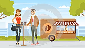 Smiling Man with Artificial Limb Drinking Coffee with Woman Friend Vector Illustration