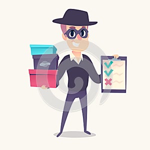 Smiling man as mystery shopper in mask and spy hat, with boxes and cheklist in hands.