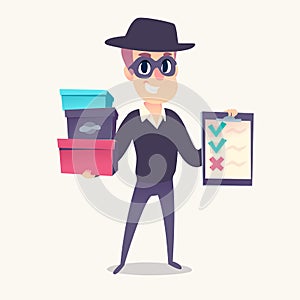Smiling man as mystery shopper in mask and spy hat, with boxes and cheklist in hands. photo