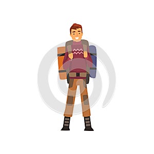 Smiling man with backpack, outdoor adventures, travel, camping, backpacking trip or expedition vector Illustration