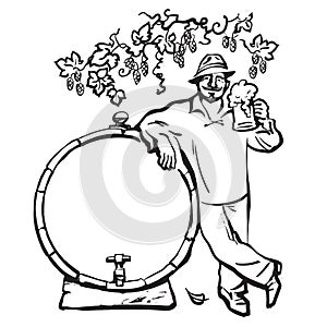 Smiling man with beer mug, leaning on barrel under branch of hops. Hand drawn vector sketch isolated on white background