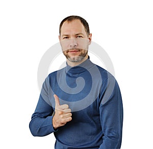 Smiling man in blue show thumb up isolated on the white