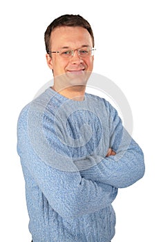 Smiling man in blue sweater an glasses