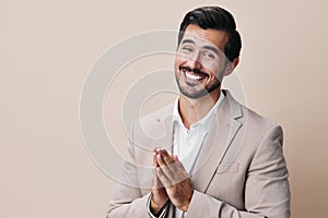 smiling man business copyspace job businessman suit beige happy handsome portrait