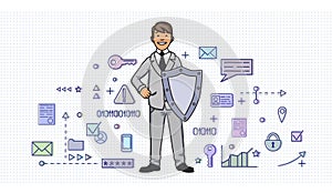 Smiling man in business suit with a shield among digital and internet security symbols. Personal data protection. GDPR