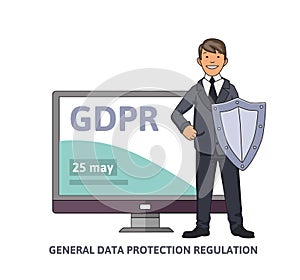 Smiling man in business suit with a shield in front of computer monitor showing GDPR date. General data protection