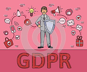 Smiling man in business suit with a shield among social media and internet items. Personal data. GDPR, RGPD, DPO, DSGVO