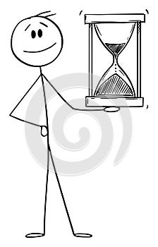 Smiling Man or Businessman Holding Hourglass or Sandglass, Vector Cartoon Stick Figure Illustration