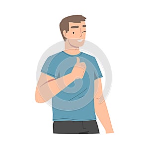 Smiling Man Character Showing Thumb Up as Approval Hand Gesture and Winking Vector Illustration