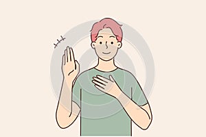 Smiling man communicate with sign language