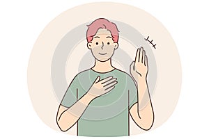 Smiling man communicate with sign language