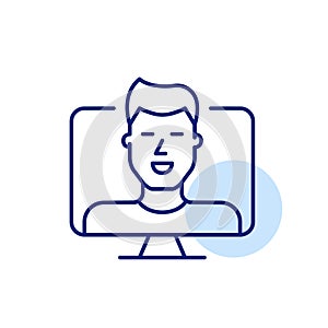 Smiling man on computer monitor. Video call, virtual face to face communication. Pixel perfect, editable stroke icon