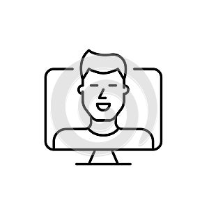 Smiling man on computer monitor. Video call, virtual face to face communication. Pixel perfect vector icon