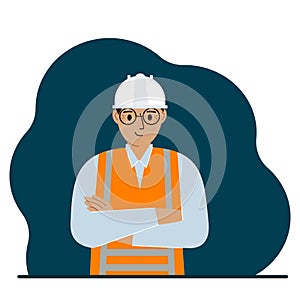 Smiling man construction worker in a white helmet and an orange vest. Vector