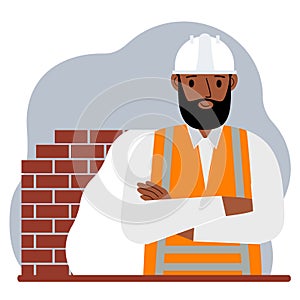 Smiling man construction worker in a white helmet and an orange vest. Vector