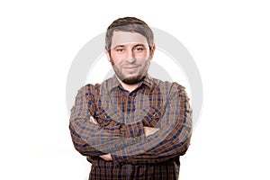 Smiling man in denim shirt isolated on the white background