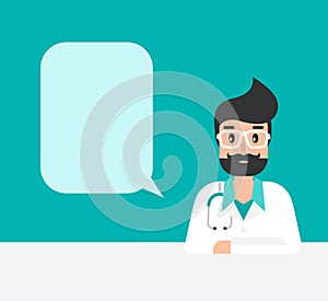 Smiling man doctor with stethoscope, table and bubble. Medical internet consultation