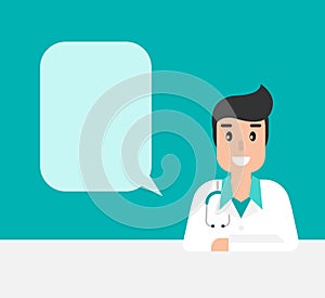 Smiling man doctor with stethoscope, table and bubble. Medical internet consultation