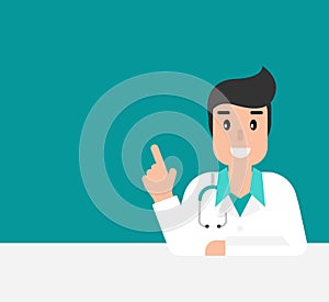 Smiling man doctor with stethoscope and table. Medical internet consultation