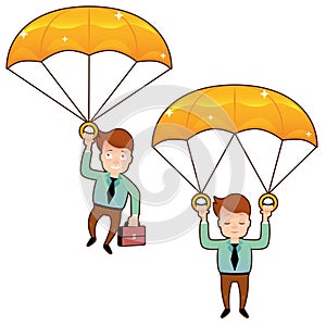 Smiling man fall on a golden parachute with briefcase