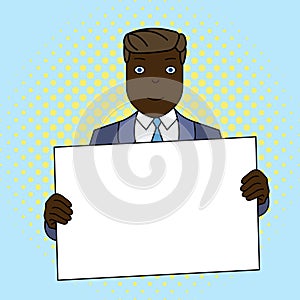 Smiling Man in Formal Suit Holding Big Blank Poster Board in Front of Himself with Both Hands. Creative Background Space photo